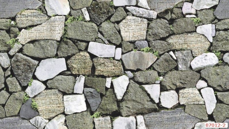 Mẫu giấy dán tường giả đá tự nhiên có chữ in và màu rêu xanh số 87012-2.